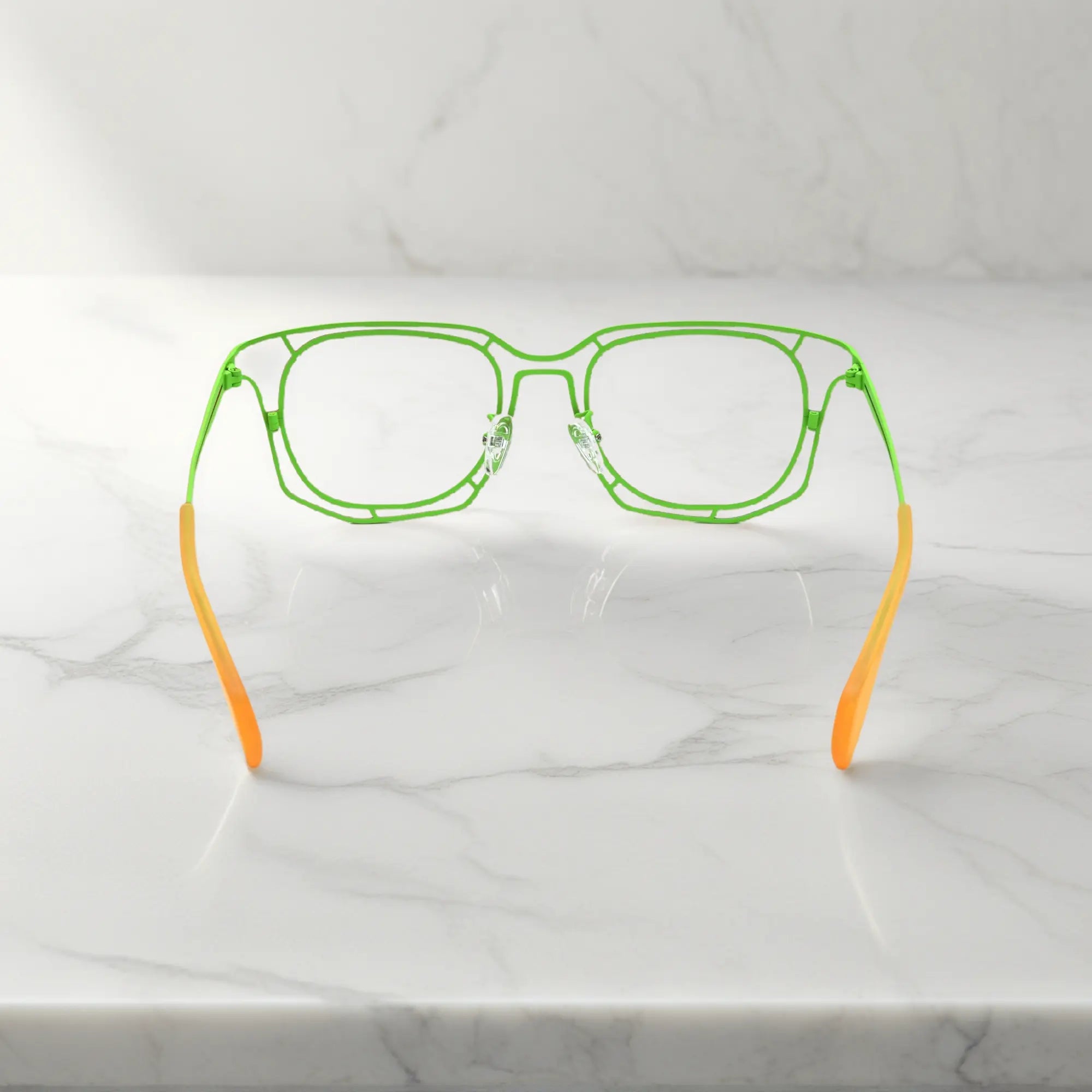 Rear view of Rainbow Burst frame with temple color contrast